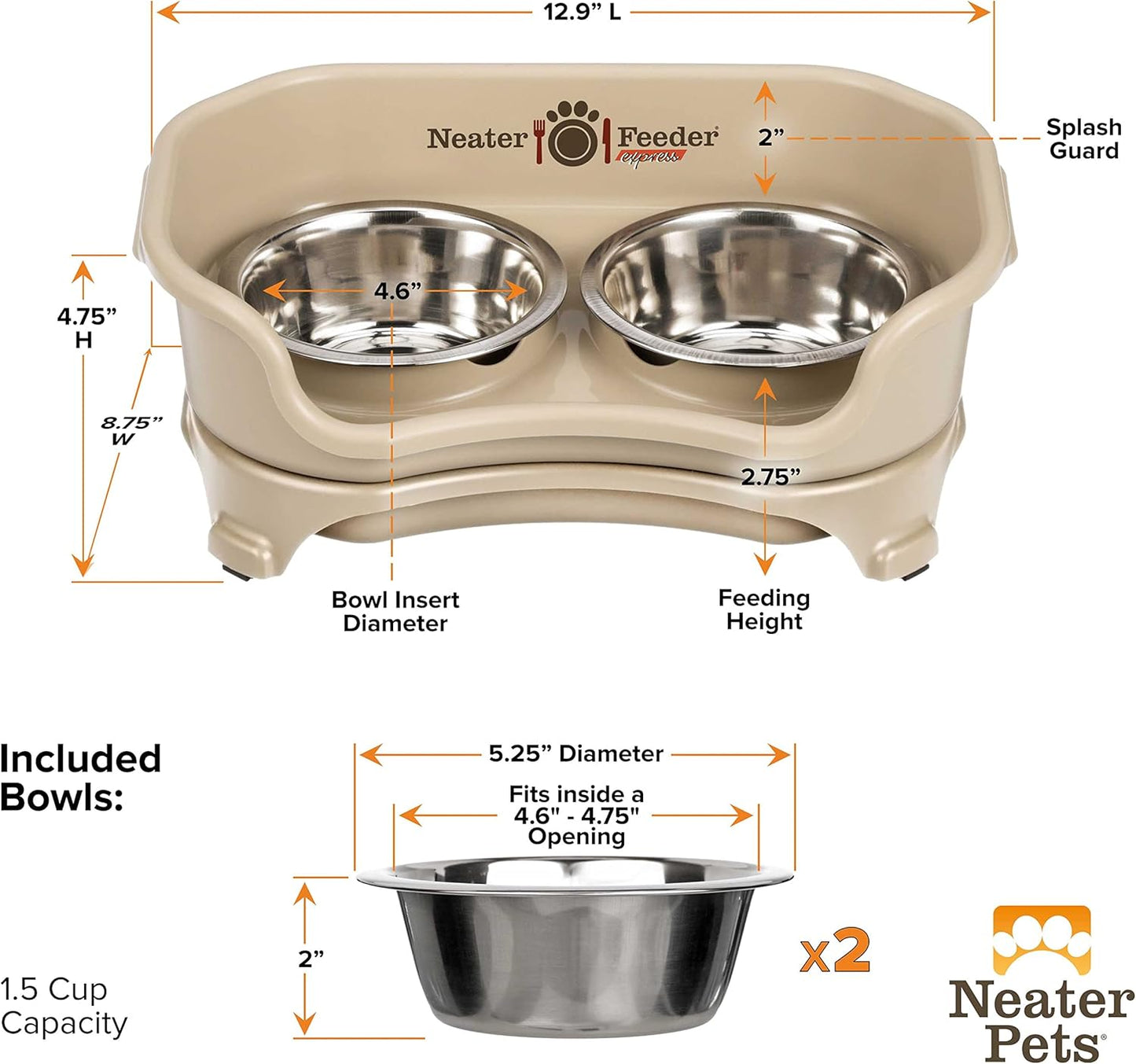 Neater Feeder Express Mess Proof Dog Bowls Elevated for Small Breeds under 15 Lb, Made in USA, No Spill Raised Dog Food Bowl Stand, Stainless Steel Food and Water Bowl Set, Feeding Station, Cappuccino