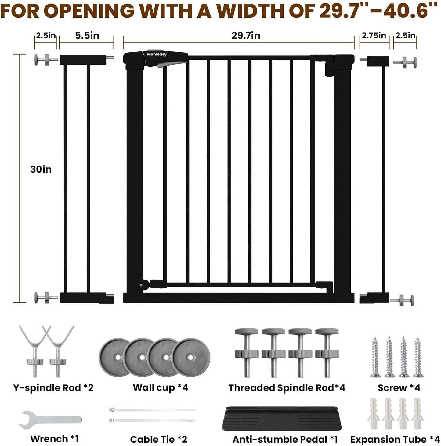 Baby Gate for Stairs, 29.7-40.6" Auto Close Dog Gate Indoor for Doorways, Dual-Lock Design, Adjustable Pet Gate No Drilling with Walk Thru Door for Hallways, Stroller Friendly, Black