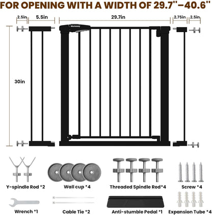 Baby Gate for Stairs, 29.7-40.6" Auto Close Dog Gate Indoor for Doorways, Dual-Lock Design, Adjustable Pet Gate No Drilling with Walk Thru Door for Hallways, Stroller Friendly, Black
