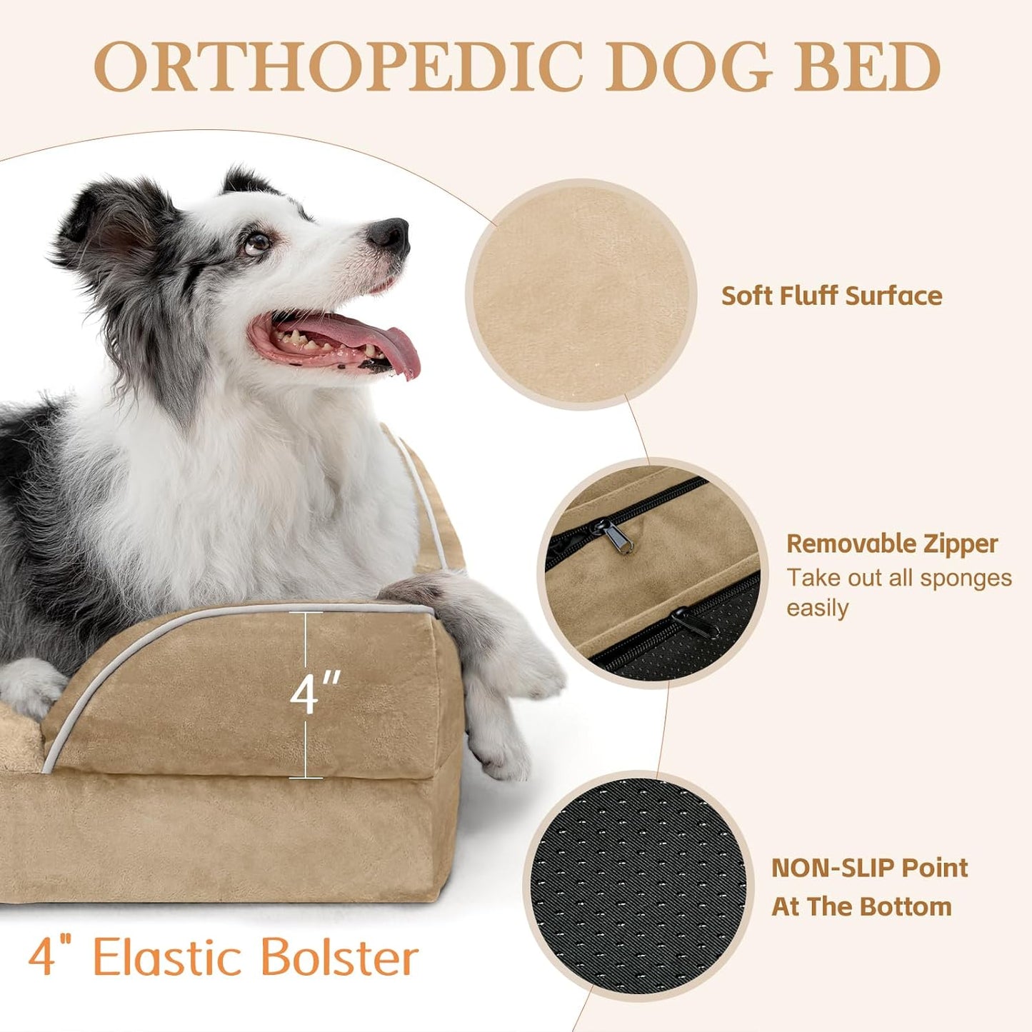 Comfort Expression Orthopedic Dog Bed for Extra Large Dogs 42x30 Inch, Waterproof Egg Crate Foam XL Pet Bed with Removable Bolsters, Dog Couch with Washable Cover & Non-Slip Bottom, Grey - Colors A