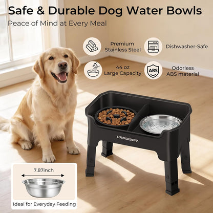 URPOWER 3-in-1 Elevated Dog Bowls - Mess Proof Double Deck 4 Height Adjustable Raised Stand with 2 Stainless Steel Food Bowls & Licking Plate for Small, Medium & Large Dogs