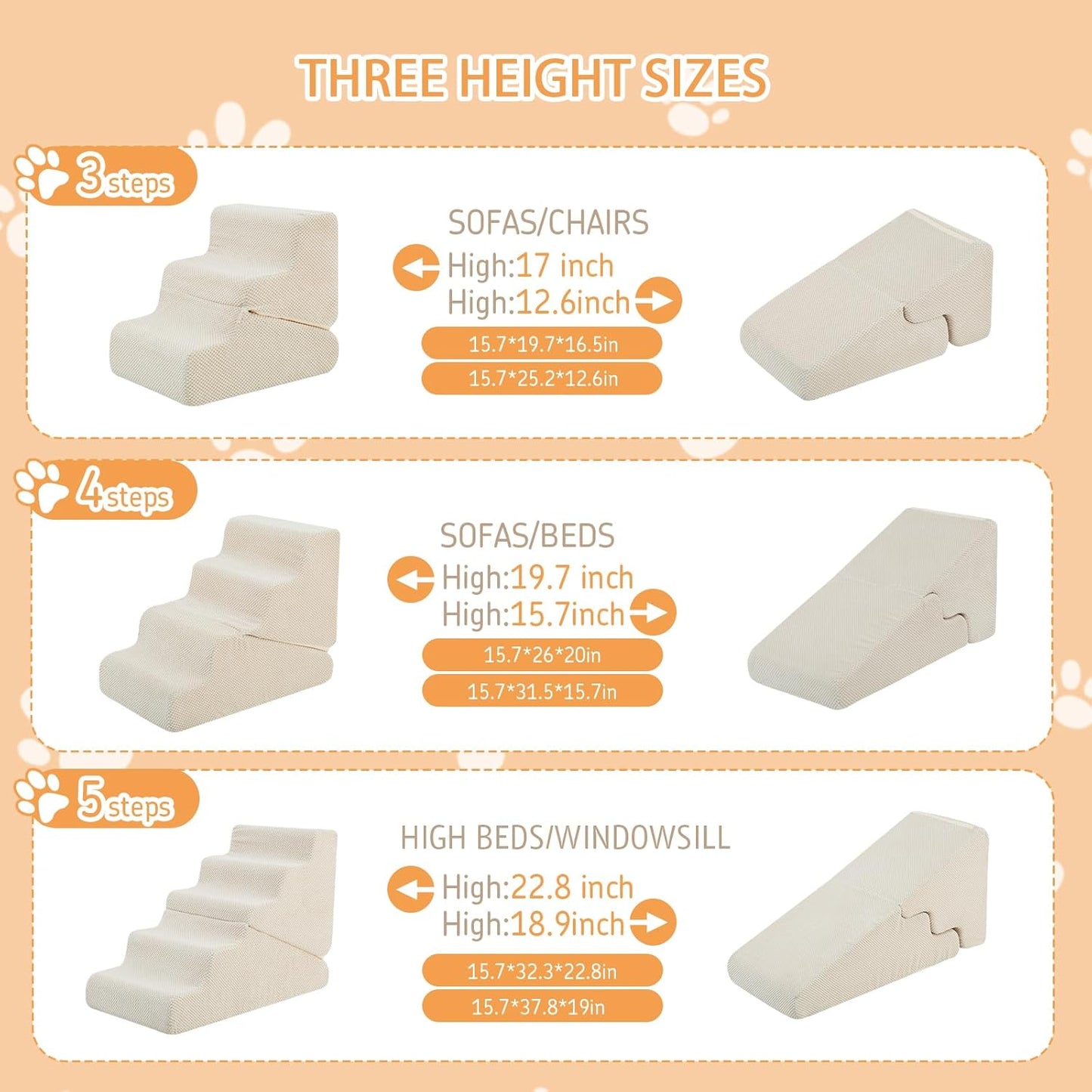 Dog Ramp for Bed, 23" H Dog Stairs for High Bed, 2 in 1 Pet Steps for Small Dogs, 5-Step Foldable Transformable Large Cats Ramp to Get on Couch, Non-Slip Balanced, Grey