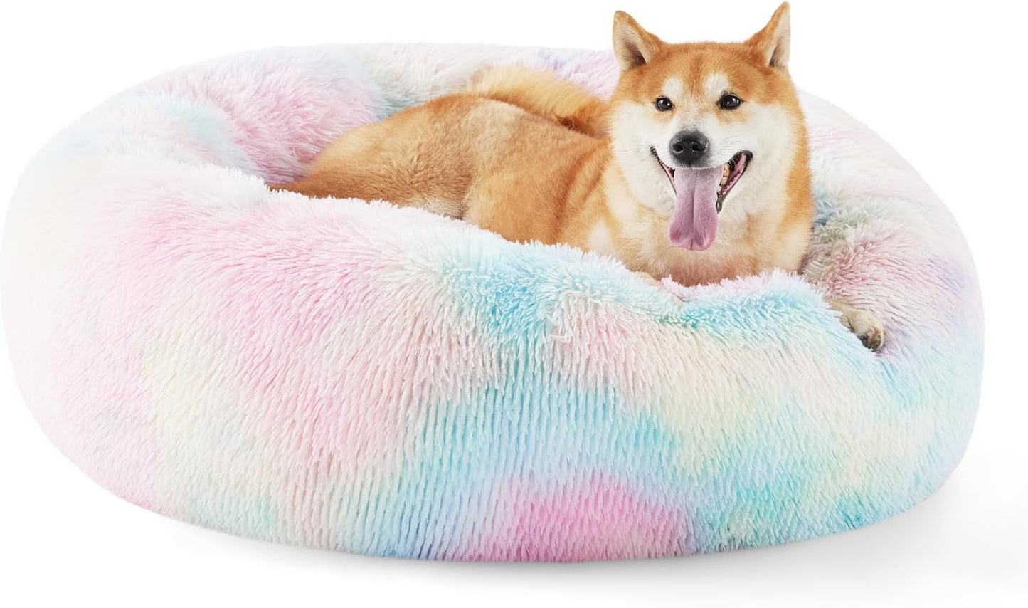 Bedsure Calming Dog Bed Medium Size Dog - Donut Washable Medium Pet Bed, 30 inches Anti-Slip Round Fluffy Plush Faux Fur Cat Bed, Fits up to 45 lbs Pets, Camel