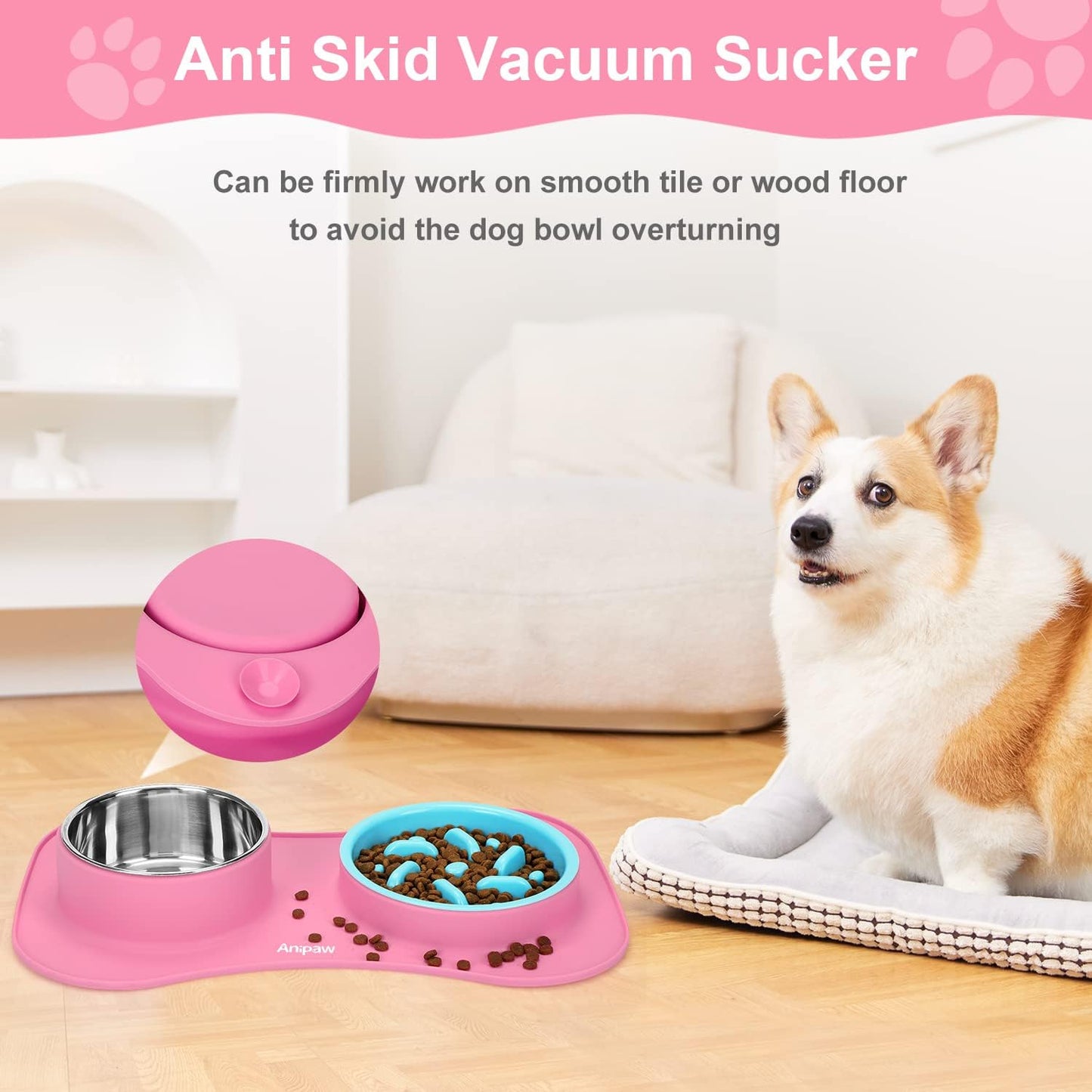 Anipaw Slow Feeder Dog Bowls 3 in 1 Stainless Steel Food and Water Bowls with Non-Spill and Skid Silicone Mat to Slow Down Eating for Large Medium Small Breed Size Dogs and Cats