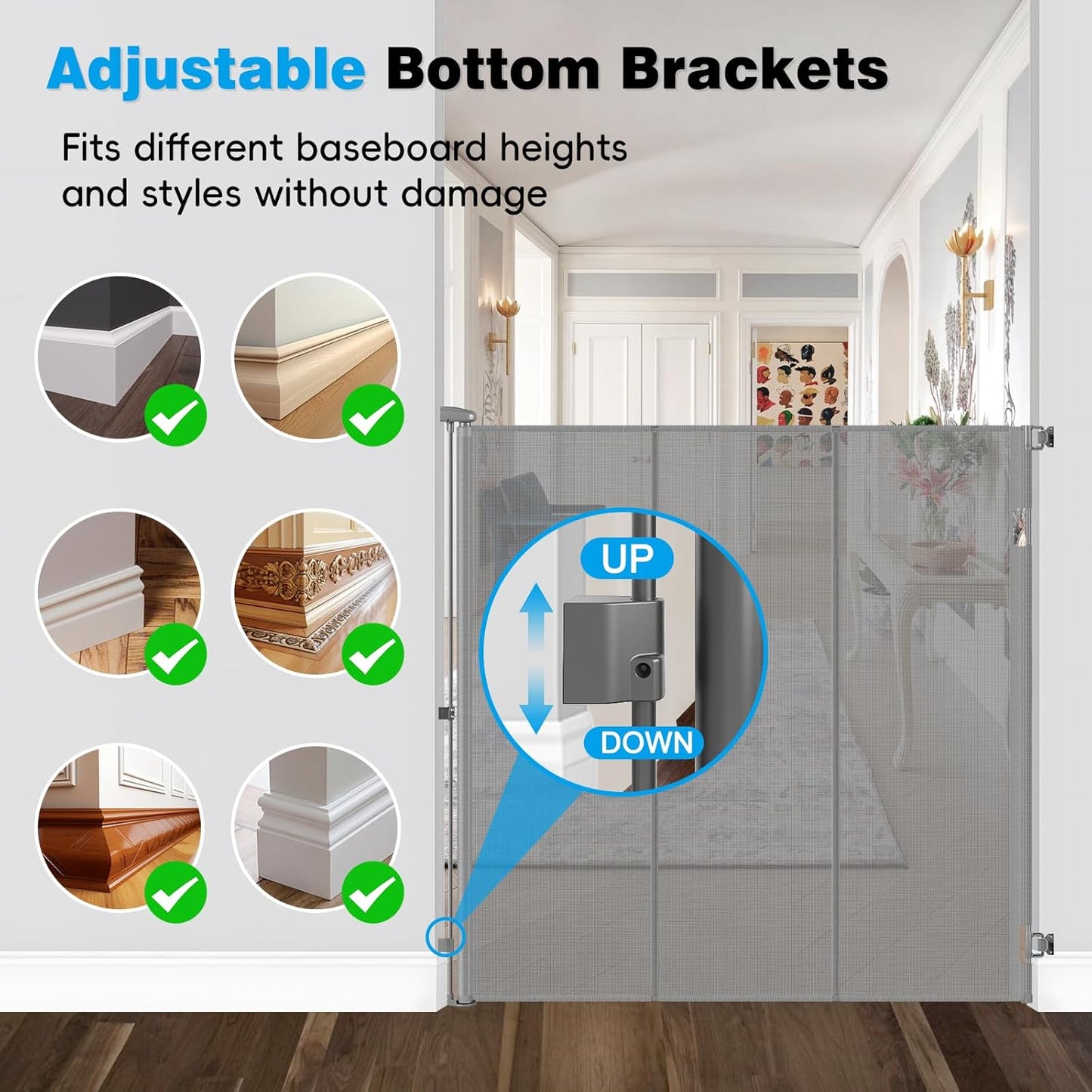Reinforced 52" Extra Tall Dog Gate for Doorway, Jump-Resistant & Prevent Crawling Underneath Retractable Dog Gates Indoor, 0-55" W Retractable Baby Gate for Doorway, Safety Extra Tall Cat Gate, White