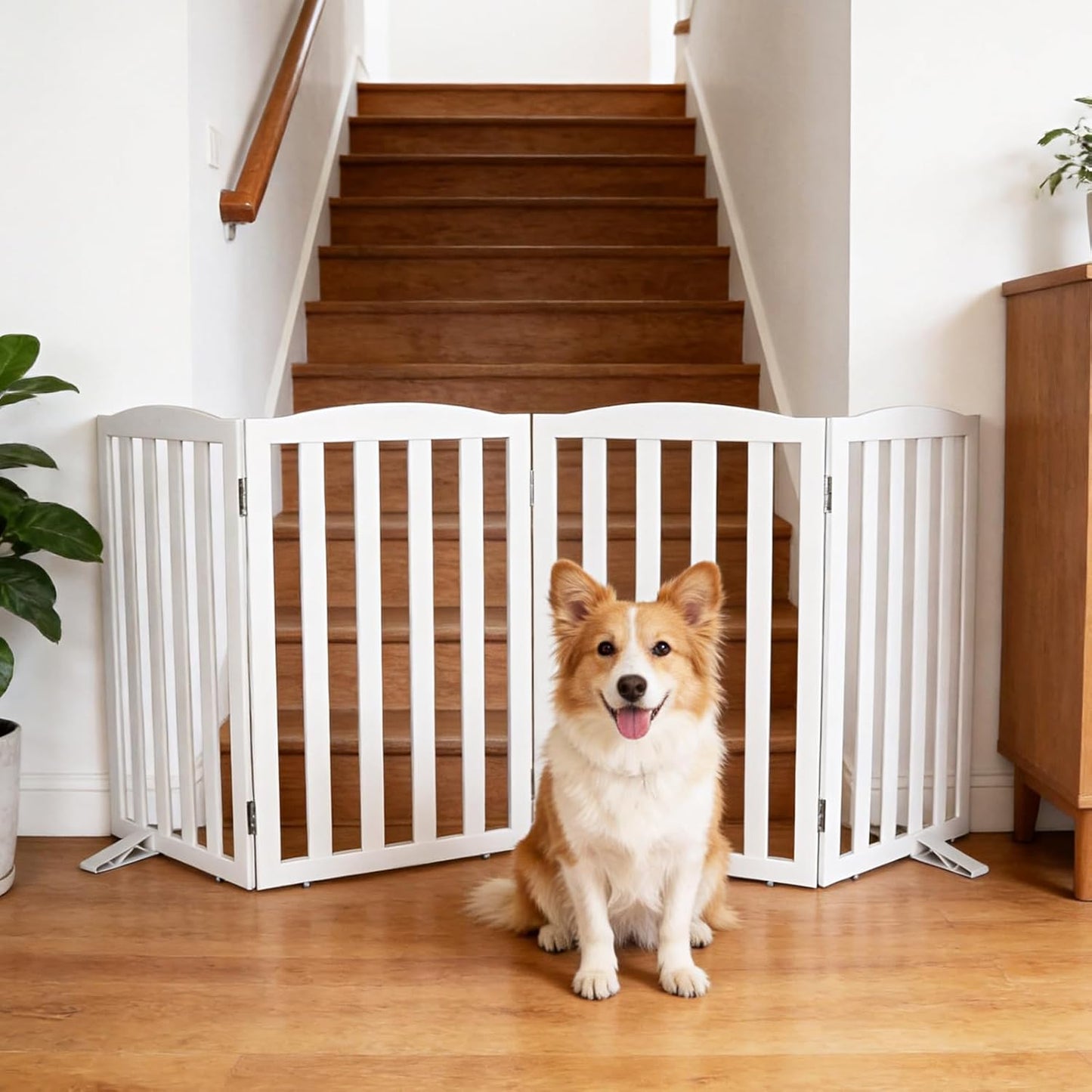 Freestanding Dog Gate Indoor,Doggie Gate Foldable Dog Gates for Doorways,Stairs or Hallways, Wooden White Pet Gate for the House, Pet Fence with Support Feet Included,24 "Height-4 Panels