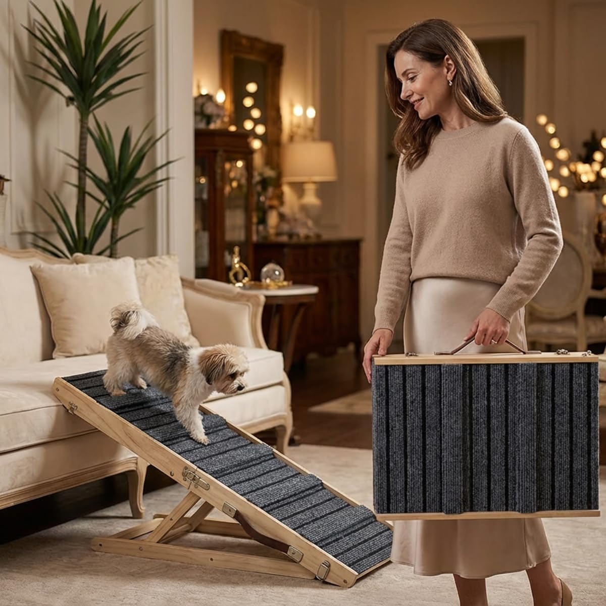 Dog Ramp for Sofa, Couch – Foldable Wooden Pet Ramp with 4 Adjustable Heights, Anti-Slip Surface & Safety Support for Small Dogs, Senior Pets with Joint Pain – Portable Pet Steps Stairs (S)