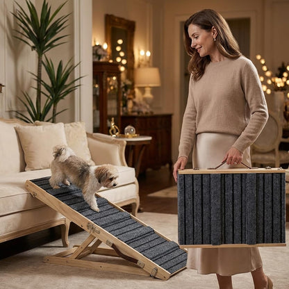 Dog Ramp for Sofa, Couch – Foldable Wooden Pet Ramp with 4 Adjustable Heights, Anti-Slip Surface & Safety Support for Small Dogs, Senior Pets with Joint Pain – Portable Pet Steps Stairs (S)