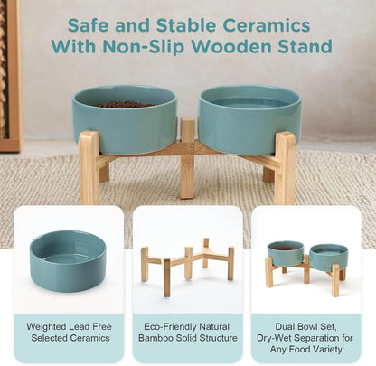 SPUNKYJUNKY Elevated Dog Bowls Ceramic, 6.1'' Dogs and Cat Food Water Bowls Raised with Non-Slip Bamboo Stand for Medium Sized Breed Microwave Dishwasher Safe - 28.7 OZ,Beige