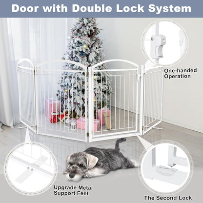 Full Metal Free Standing Dog Gate with Door for Indoor & Outdoor,96'' Extra Wide 32'' Tall Dog Gate for The Doorways,Large Openings,Decks,Porch,Pet Freestanding Safety Fence(4 Panels,Black)