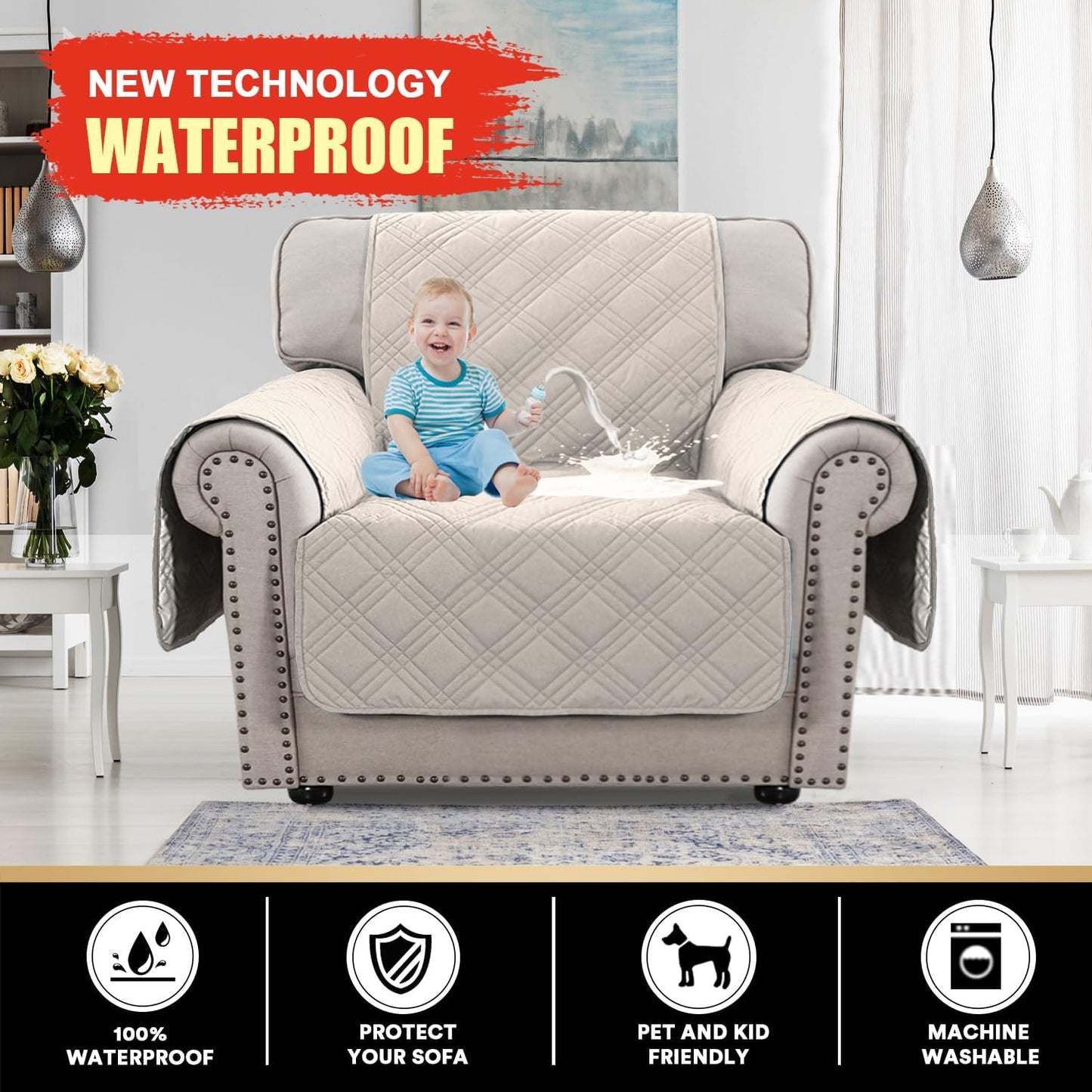 PrinceDeco 100% Waterproof Couch Cover for 3 Cushion Couch Sofa Pet Friendly Non-Slip Couch Cover for Dogs Washable Water Resistant Furniture Protector with Elastic Straps(Sofa 68", French Oak)