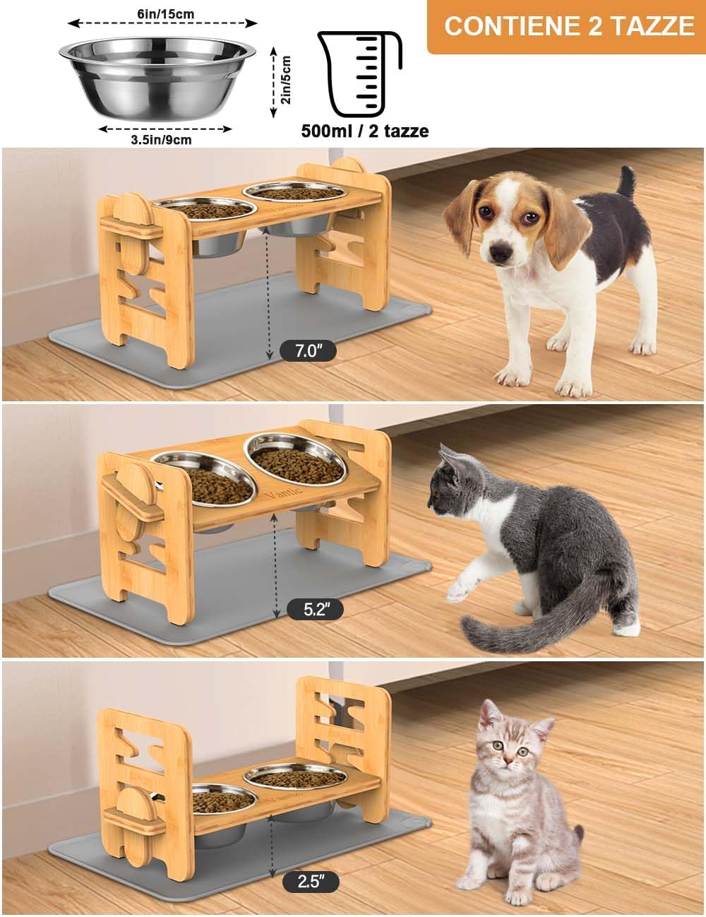 Vantic Elevated Dog Bowls, Adjustable Raised Dog Bowl Stand for Small Puppy and Cats, Sturdy Bamboo Pet Food Feeder with 2 Stainless Steel Dishes, Natural