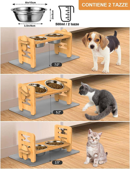 Vantic Elevated Dog Bowls, Adjustable Raised Dog Bowl Stand for Small Puppy and Cats, Sturdy Bamboo Pet Food Feeder with 2 Stainless Steel Dishes, Natural
