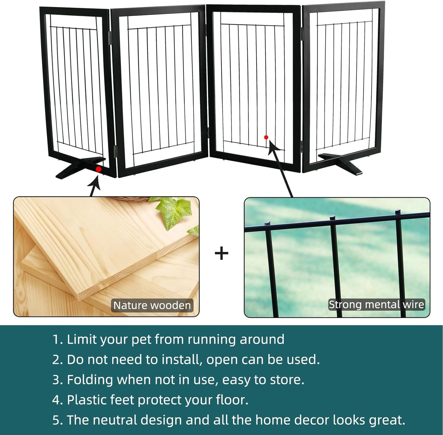 ZJSF Freestanding Dog Gate Indoor, Foldable Dog Fence for Doorways,Hallways or Stairs, Sturdy Wood Extra Wide Pet Gate with Support Feet,Black,24 "Height-3 Panels
