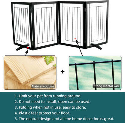 ZJSF Freestanding Dog Gate Indoor, Foldable Dog Fence for Doorways,Hallways or Stairs, Sturdy Wood Extra Wide Pet Gate with Support Feet,Black,24 "Height-3 Panels