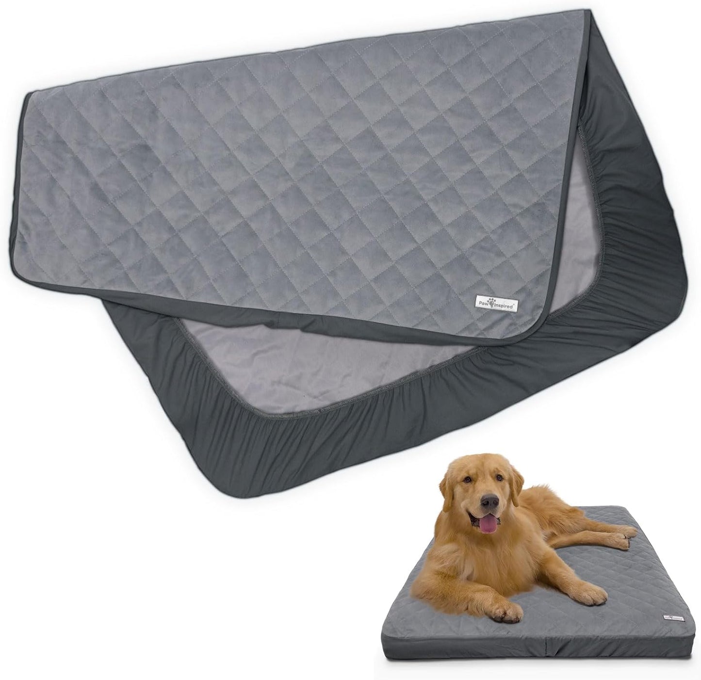 Paw Inspired Waterproof Fitted Cover for Dog Bed | Washable Bed Protector for Dog Mattress | Removable Replacement Cover for Small to Medium Pet Bed (Gray, 34 x 23 x 5 Inch)