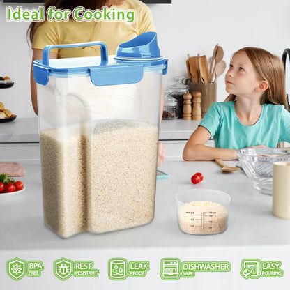 Viretec Rice Airtight Storage Container, 3 to 5Lbs Cereal Dry Food Flour Bin, Pet Dog Cat Food Dispenser with Measuring Cup, BPA Free Clear Plastic Kitchen and Pantry Organization Bin for Sugar