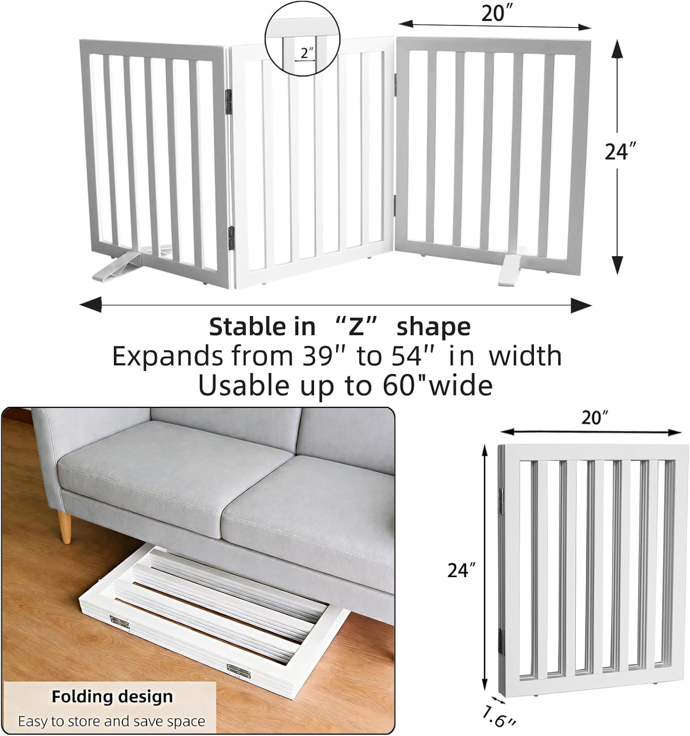 ZJSF Freestanding Indoor Dog Gate for House Foldable Wood Puppy Gate for Doorways Pet Gate for Stairs Extra Wide Pet Fence, Brown, 24" Height 3 Panels