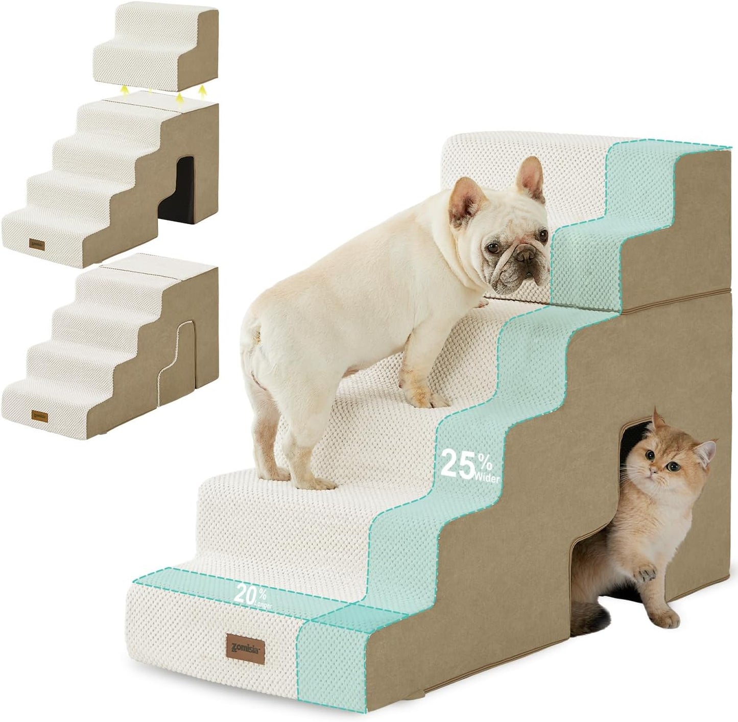 ZOMISIA Dog Ramp for Large Dogs - 24"H 5-Step Pet Stairs for High Beds with Tunnel, 2-in-1 Design with Zippers, Suitable for Indoor Cat Ladders with Non-Slip Bottom, Beige
