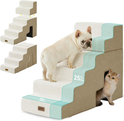 ZOMISIA Dog Ramp for Large Dogs - 24"H 5-Step Pet Stairs for High Beds with Tunnel, 2-in-1 Design with Zippers, Suitable for Indoor Cat Ladders with Non-Slip Bottom, Beige