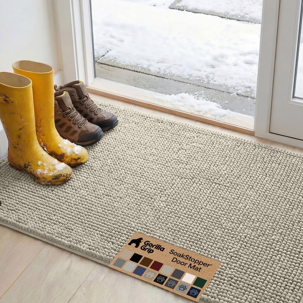 GORILLA GRIP SoakSTOPPER Dog Door Mat, 30x20 Machine Washable Rug Absorbent Doormat Captures Moisture Mud Dirt, Quick Dry Soft Chenille Entryway Rugs Indoor Entrance Mats for Dog Paws, Paw Grey