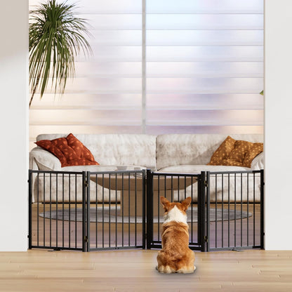 SNUOWU Full Metal Freestanding Dog Gate with Door, 32''Height Foldable Pet Dog Fence for Indoor & Outdoor, 4 Panels Extra Wide Free Standing TallDog Gates for Doorways,House,Stairs,Porch,Deck,Yard
