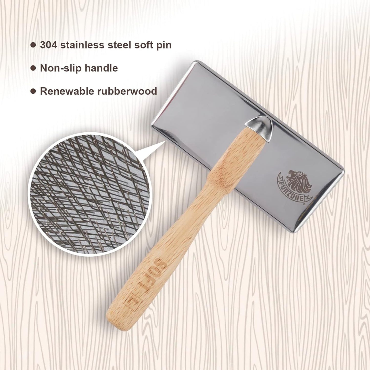 Furzone Wooden Slicker Brush - Stainless Steel Soft Pins for Pet Grooming (Size M)