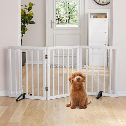 Freestanding Dog Gates Indoor, 3-Panel Pet Gates with 2 Metal Stands and 360° Hinge, 24" H Foldable Dog Gate for Stairs, Doorway, Kitchen, Expands Up to 55" Fully Assembled - Black Walnut