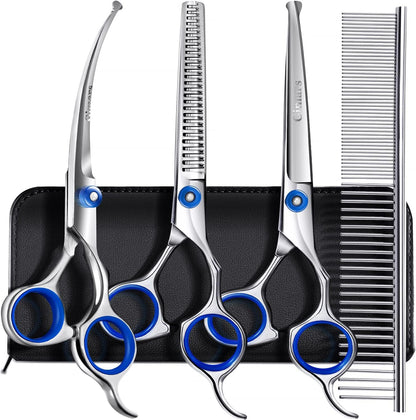 Gimars Titanium Coated Professional 6 in 1 4CR Stainless Steel Dog Grooming Scissors with Safety Round Tip, Heavy Duty Pet Grooming Scissor for Dogs, Cats and Other Animals