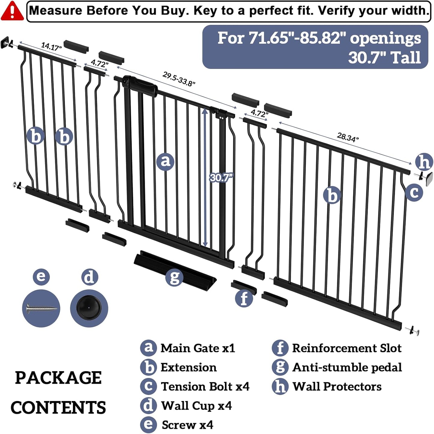 Extra Wide Baby Gates for Doorways 71.65"-85.82" Extra Wide Baby Gate Dog gate Pressure Mounted No Drilling with Walk-Through, Auto-Close & Dual-Direction Swing for Large Wide Opening Black