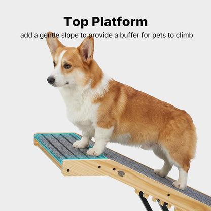 Veehoo Folding Dog Ramp for Bed Couch, 65" Long Stairs for Dogs to Get on High Bed with Platform and 5 Adjustable Height 20" to 31“, Wooden Senior Dog Ramp Steps for Small to Large Dogs, up to 220lbs