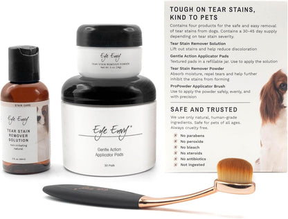 Eye Envy Dog Tear Stain Remover Starter Kit with ProPowder Brush | Stain Solution, Applicator Pads, Stain Powder and Small Applicator Brush | Lasts 30-45 Days
