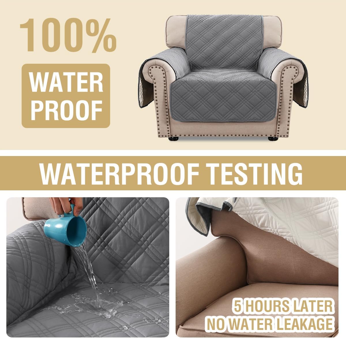 H.VERSAILTEX 100% Waterproof Slipcovers for Couches and Sofas Modern Pet Couch Cover Thick Soft Furniture Protector with Elastic Straps(Sofa, Lily Pad/Beige)
