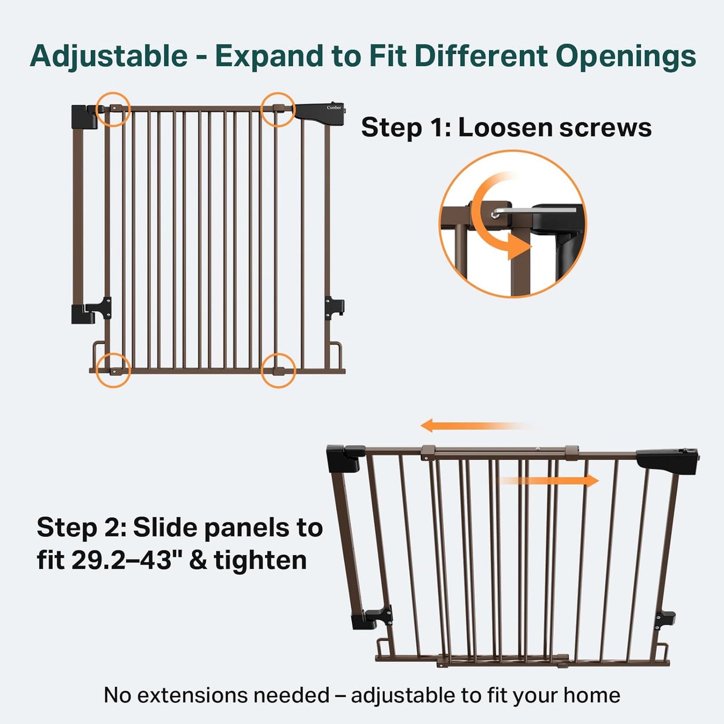 Cumbor 29.2–43" Baby Gate for Stairs, Hardware Mounted (Drill Required), Expandable No Bottom Bar Dog Gate, Auto Close Extra Wide Walk Thru, Pet & Toddler Proof Gate, Top & Bottom of Stairways(Black)