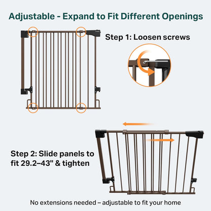 Cumbor 29.2–43" Baby Gate for Stairs, Hardware Mounted (Drill Required), Expandable No Bottom Bar Dog Gate, Auto Close Extra Wide Walk Thru, Pet & Toddler Proof Gate, Top & Bottom of Stairways(Black)