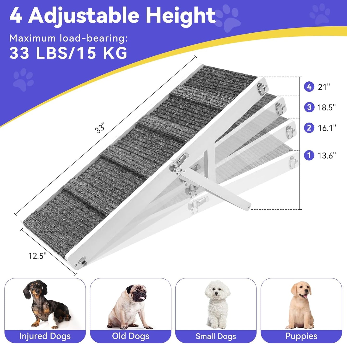 2026 Upgraded Dog Ramp for Couch, Foldable Small Dog Ramp for Sofa, 4 Adjustable Height from 13'' to 21", Portable Stable Pet Steps with Non-Slip Pad, Pet Ramps Use for Sofa Couch Stairs