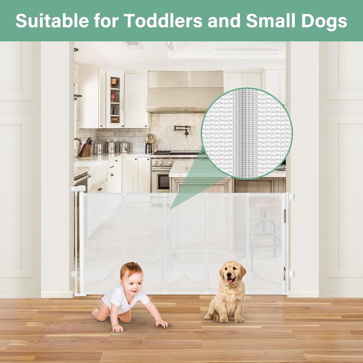 Reinforced 26 Inch Tall Retractable Child Gate to Step Over 55" Wide Small Retractable Baby Gates for Stair Retractable Dog Gate Short Mesh Dog Gate Retractable Toddler Gates for Doorways Doggy Gate