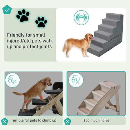 Dog Stairs for Bed 30''H Small Dogs, 6-Step Sturdy Foam Dog Steps for High Bed, Pet Stairs for Older Dogs/Cats/Puppy, Non-Slip Curved Pet Ramp Indoor, Removable Washable Cover, Grey