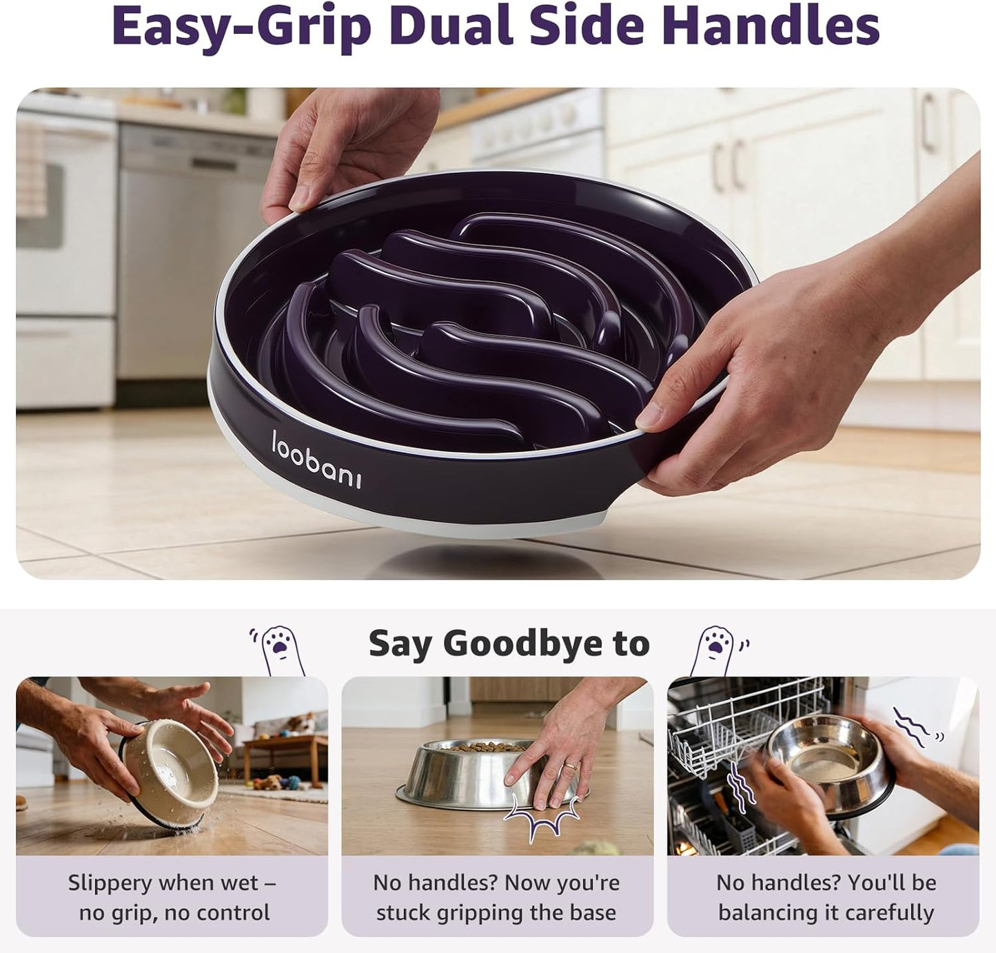 LOOBANI Slow Feeder Dog Bowls - 3.5 Cups Ceramic Slow Feeder Dog Bowls for Large Dogs, Slow Feeding Easy-Grip Handles, Perfect for Fast Eaters Goldens, Labradors & Huskies (L, Purple)