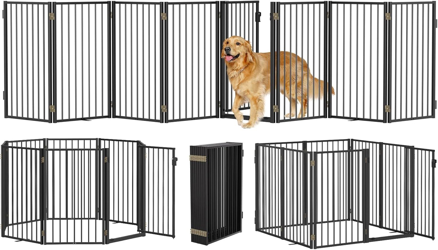 Metal Freestanding Dog Gates with Door for Outdoor Indoor,80'' Extra Wide 32'' Tall Free Standing Dog Gate for Doorways,Large Openings,Deck,Yard,Foldable Safety Pet Fence(Black,4 Panels)
