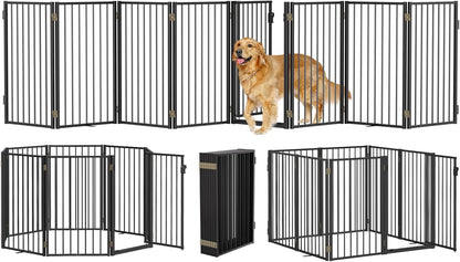 Metal Freestanding Dog Gates with Door for Outdoor Indoor,80'' Extra Wide 32'' Tall Free Standing Dog Gate for Doorways,Large Openings,Deck,Yard,Foldable Safety Pet Fence(Black,4 Panels)