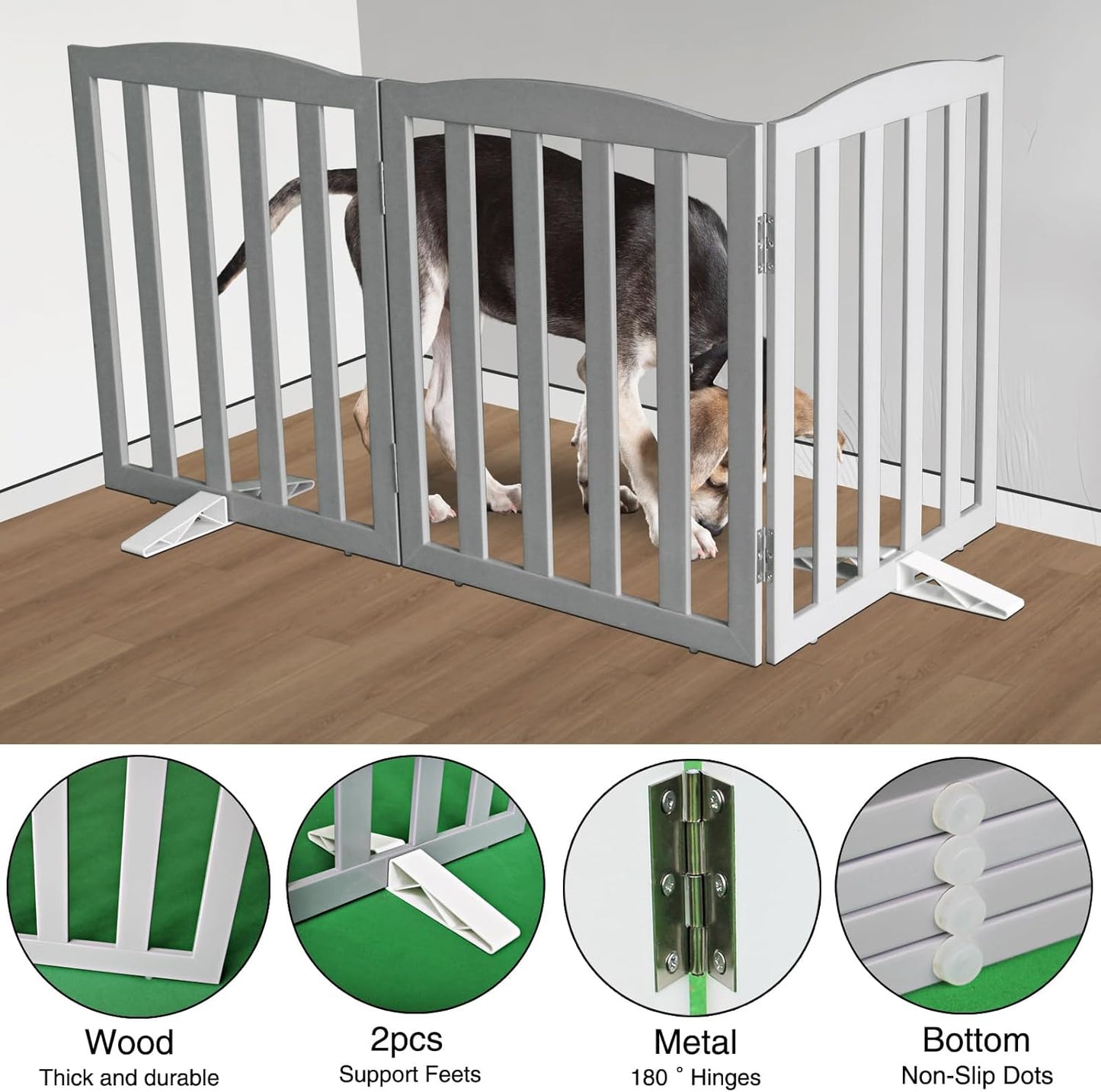 Freestanding Dog Gate Indoor,Doggie Gate Foldable Dog Gates for Doorways,Stairs or Hallways, Wooden White Pet Gate for the House, Pet Fence with Support Feet Included,24 "Height-4 Panels