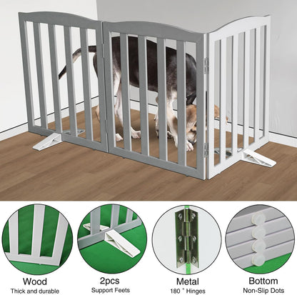 Freestanding Dog Gate Indoor,Doggie Gate Foldable Dog Gates for Doorways,Stairs or Hallways, Wooden White Pet Gate for the House, Pet Fence with Support Feet Included,24 "Height-4 Panels