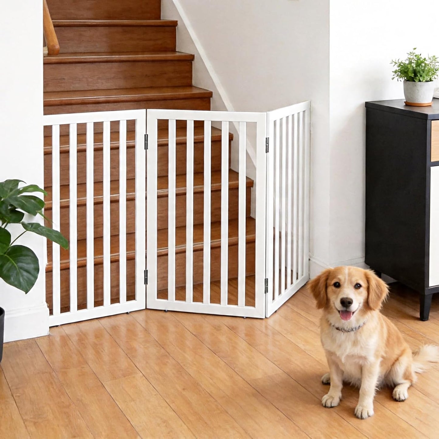 Dog Gate Indoor, Freestanding Dog Fence for The House, Doorways, Hallways,or Stairs,Pet Gate Foldable Wooden,Expandable 24" Height 3 Panels,White