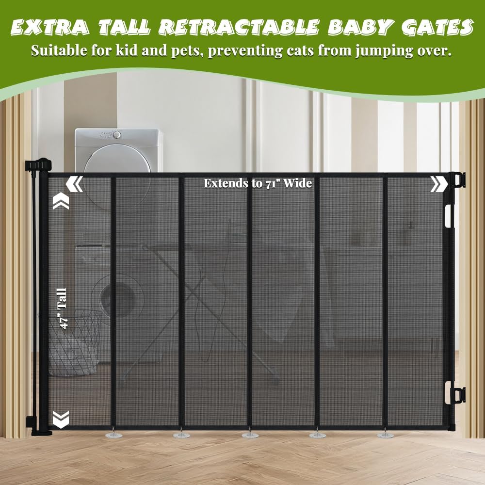 47" Extra Tall Retractable Baby Gates, Extends to 71" Wide, ExtraTall Retractable Safety Gate with Reinforced Strips, Retractable Tall Dog Gates for Doorways Mesh Baby Pet Gates Indoor, Grey