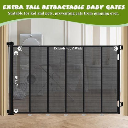 47" Extra Tall Retractable Baby Gates, Extends to 71" Wide, ExtraTall Retractable Safety Gate with Reinforced Strips, Retractable Tall Dog Gates for Doorways Mesh Baby Pet Gates Indoor, Grey