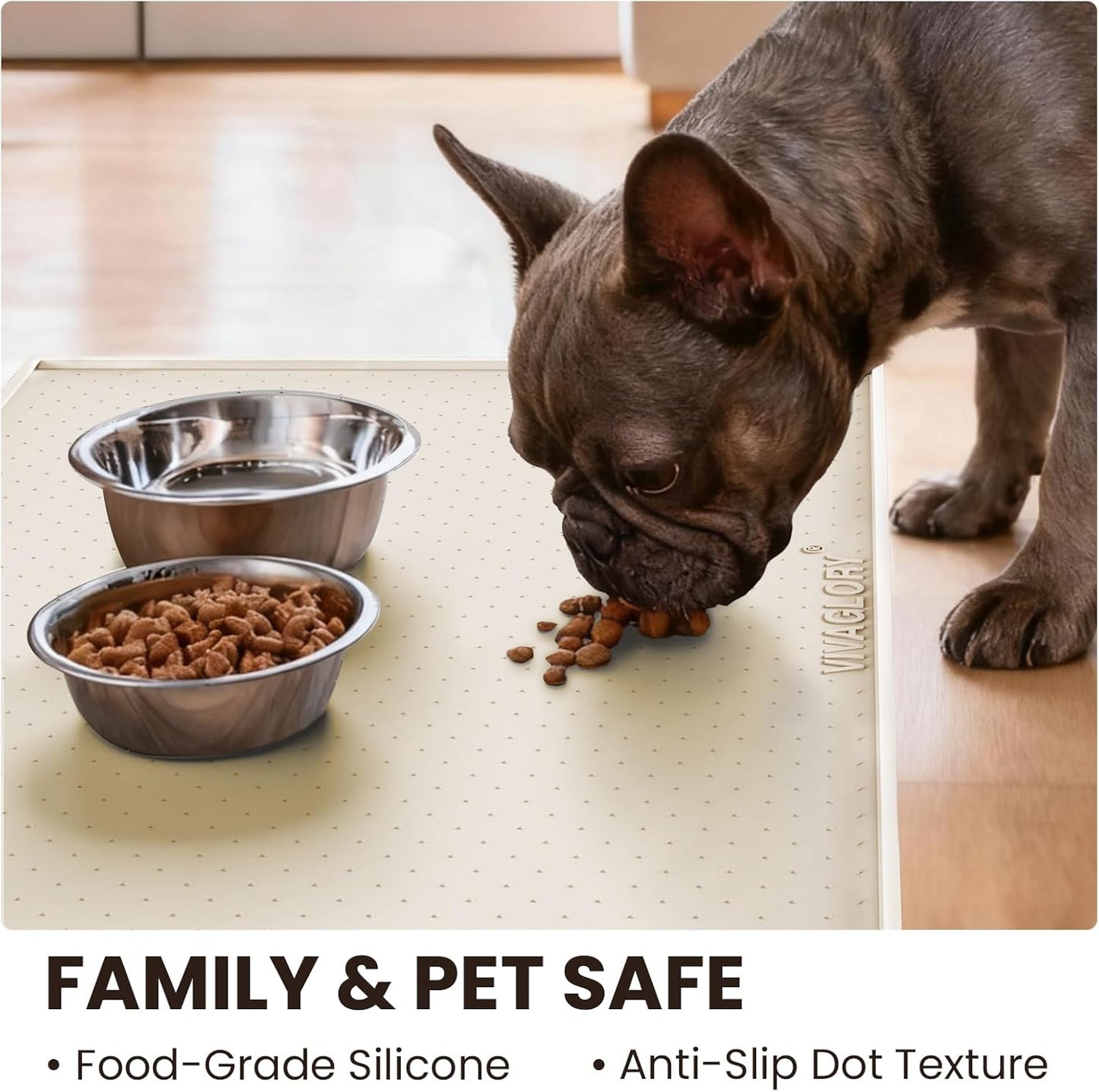 VIVAGLORY Dog Bowl Mat Grippymat Pet Food Mat, Waterproof Washable Nonslip Silicone for Pet & Cat, Food and Water Placemat with Lip & Raised Edges for Indoor Floor, S, Grey