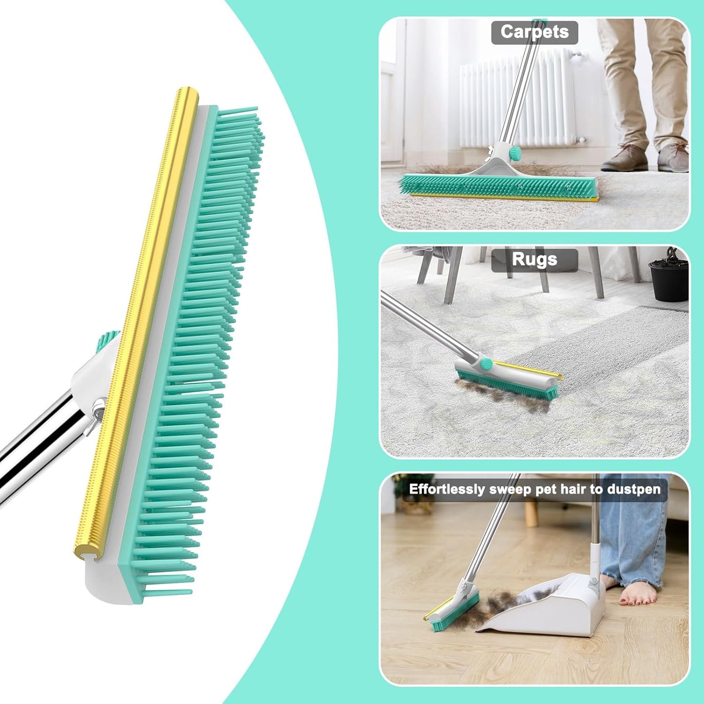 Carpet Rake for Pet Hair Removal - 60" Adjustable Long Handle Carpet Rake, 3 in 1 Reusable Pet Hair Removal Tool Kit, Cat Dog Fur Rakes Scraper Carpet Broom for Carpets, Rugs, Mats