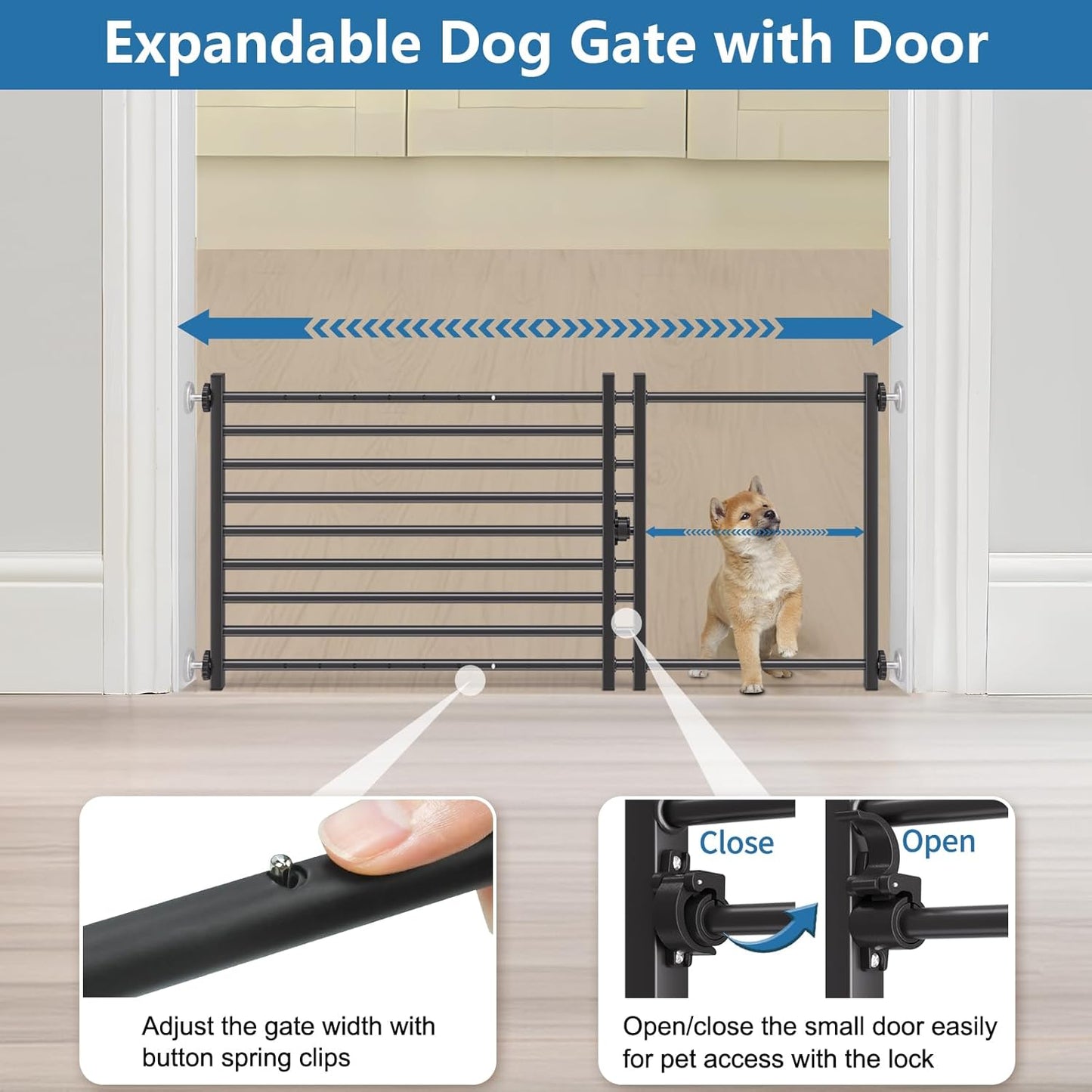 Malier Indoor Dog Gate with Door, 26-41" Extra Wide Full Metal Pet Gate Short Dog Gate for Stairs, Pressure Mount 10'' Tall Small Puppy Low Gate Easy Step Over for Doorways