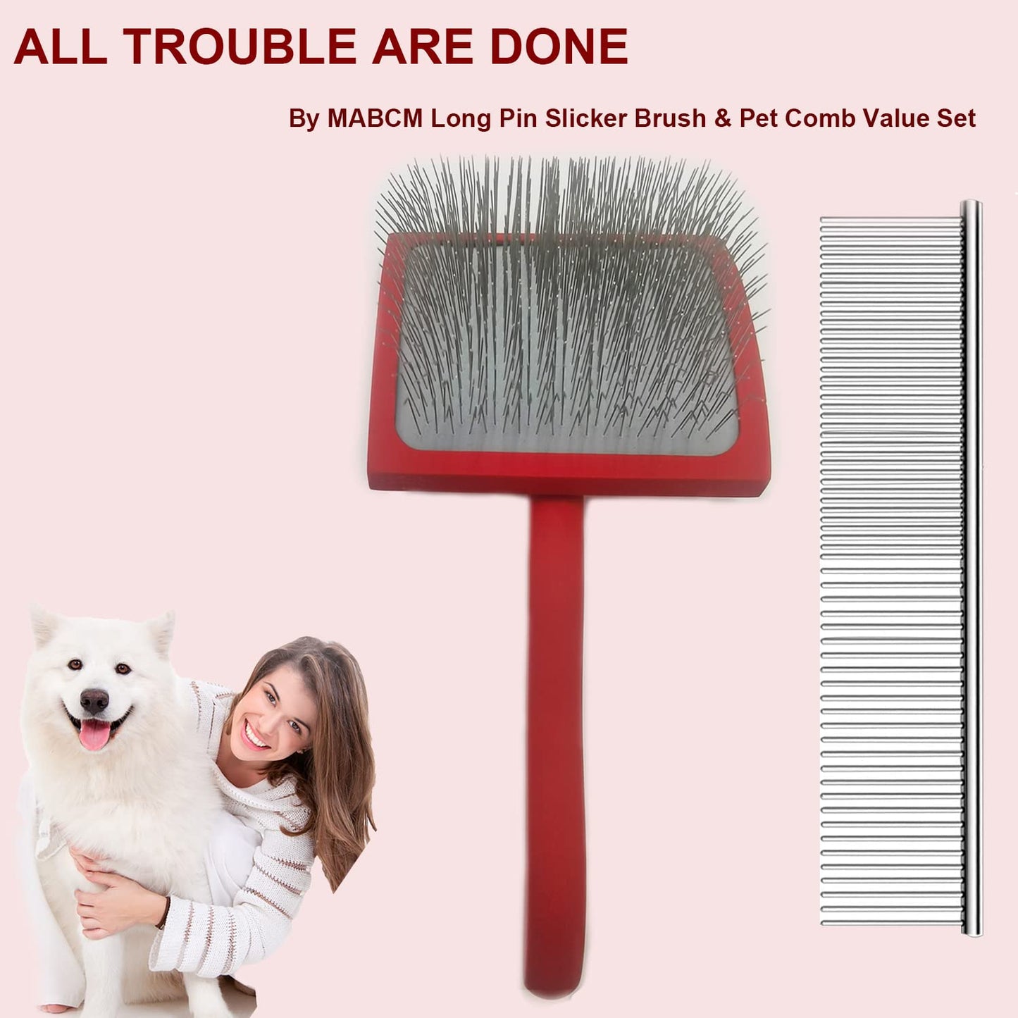 Slicker Ergonomic Wooden-Handle Long-Pin Brush for Poodles, Goldendoodles & Other Long-Haired Dogs (purple)